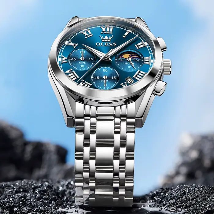 OLEVS luxe Sport homme montre-bracelet Original lumineux Phase de lune chronographe montre pour hommes en acier