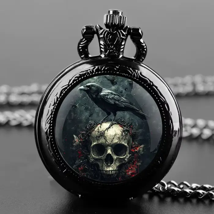 Montre de poche vintage à quartz avec motif lune, crâne et corbeau, pour femmes et hommes, collier p
