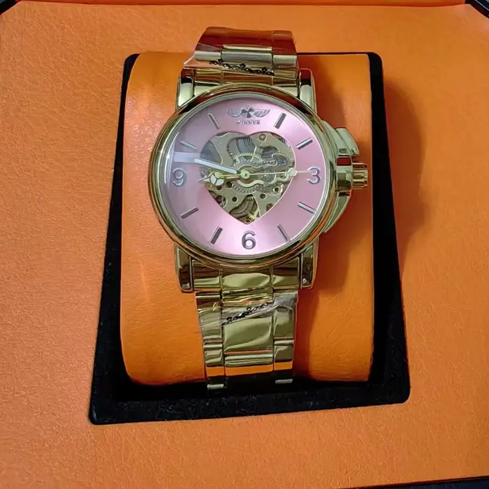 Nouvelle mode élégante rose or squelette montre automatique pour les femmes