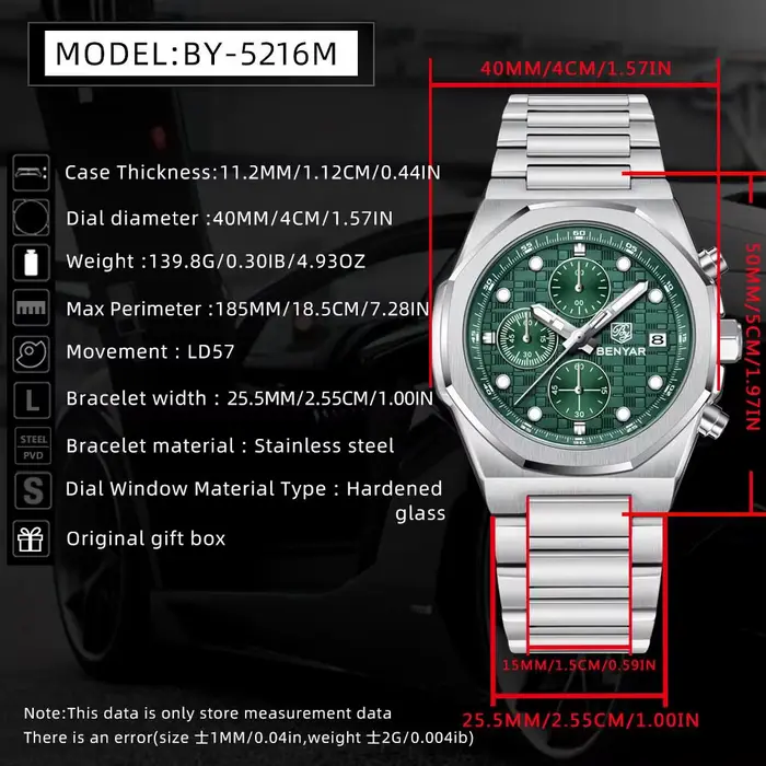 BENYAR Top marque 40mm hommes montre classique de luxe montres à Quartz multi fonctionnel chronographe en acier