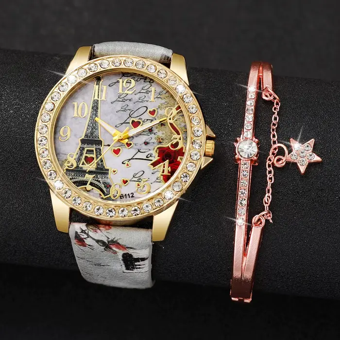 Montre à quartz avec bracelet en cuir PU pour femme