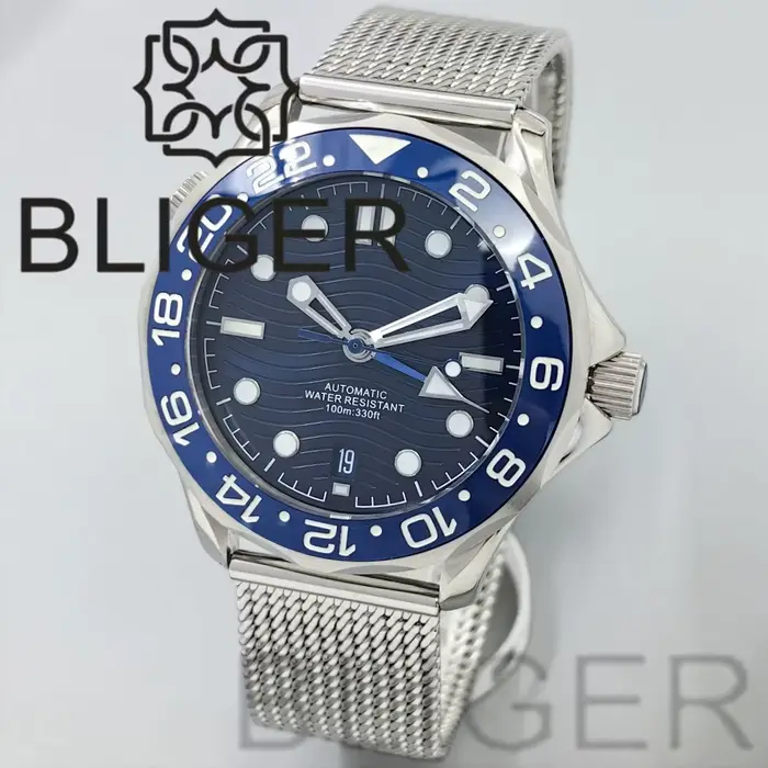BLIGER 41MM 6 heures Date GMT montre pour hommes NH34 lunette en céramique rotative dôme saphir cris