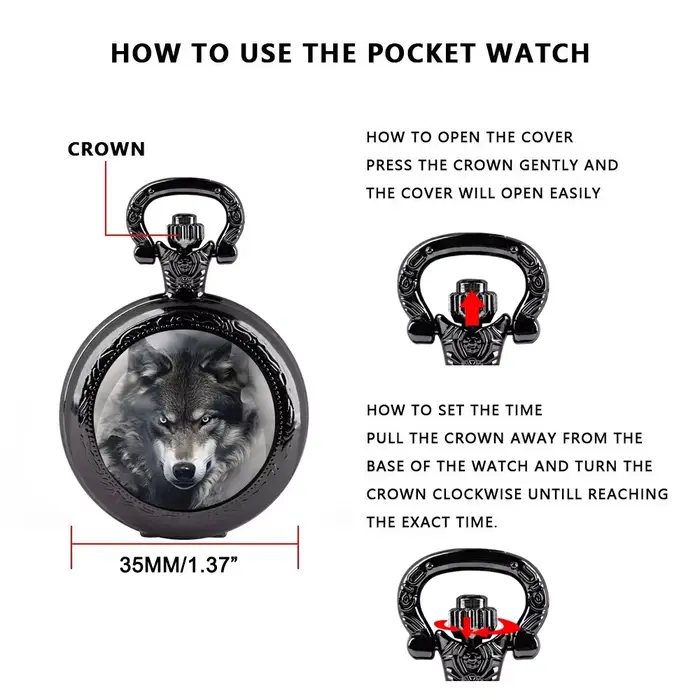 Montre de poche à quartz avec dôme en verre Wolf Design – Chaîne durable et cadran à chiffres arabes
