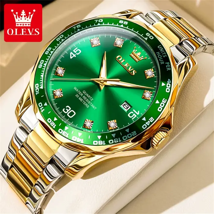 OLEVS montre à Quartz vert doré pour hommes marque de luxe plongée étanche bracelet en caoutchouc en acier inoxydable