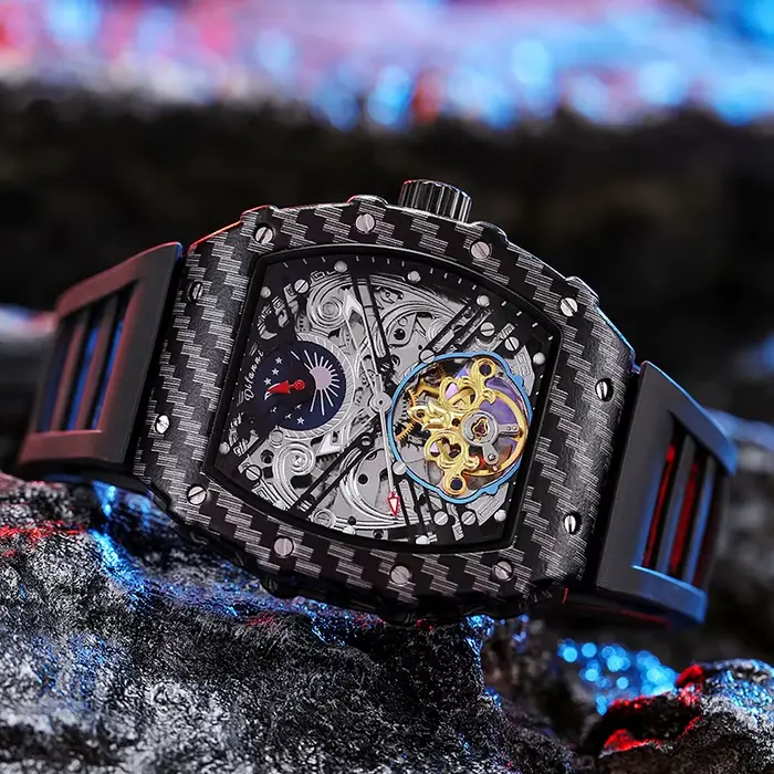 Montre mécanique dulunwe homme avec tourbillon squelette résistante à l'eau pour hommes luxe occassions spéciales quartz acier inoxydable silicone