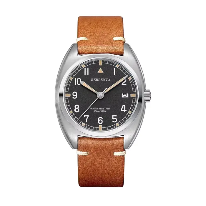 Montre de terrain rétro originale en cuir pour hommes, marque Berlenta, boîtier en acier 316L de lux