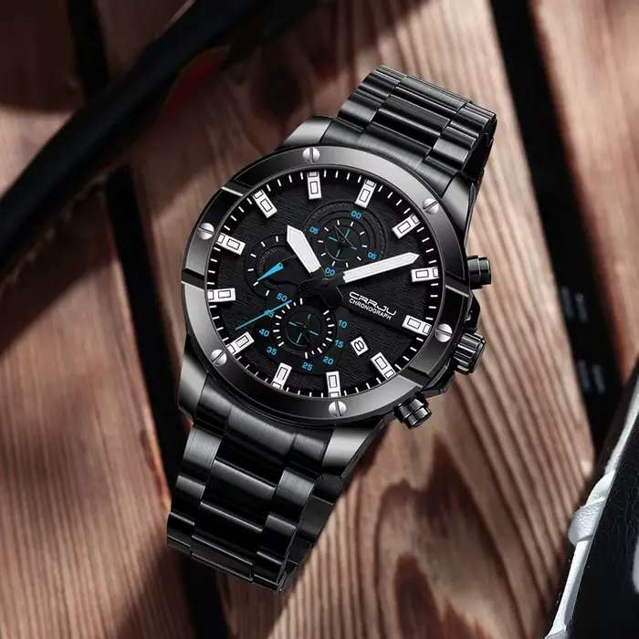 Montre-bracelet étanche CRRJU avec chronographe lumineux et calendrier complet pour homme style fashion et casual occasions spéciales