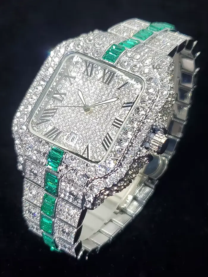 Montre à Quartz pour hommes luxueux montres en diamant vert pour homme glacé Hip Hop brillant calendrier Durable
