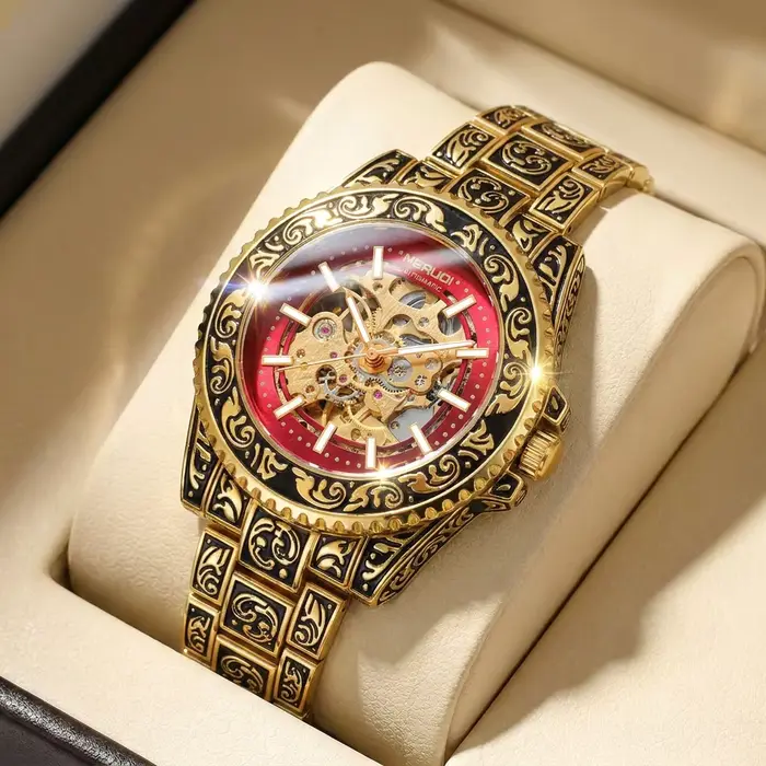 Une montre mécanique entièrement automatique de style luxueux vintage noir et rouge pour hommes avec