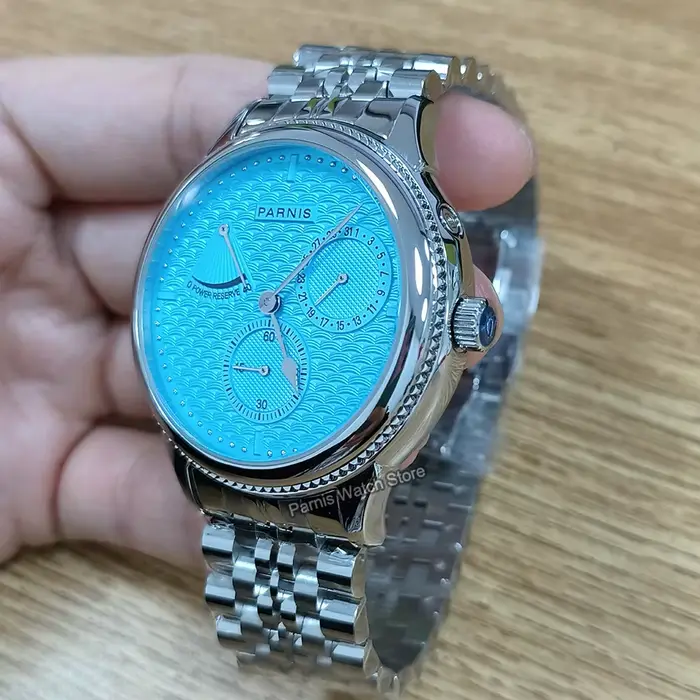 Parnis 42mm boîtier en argent cadran jaune automatique mécanique montre pour hommes réserve de marche calendrier
