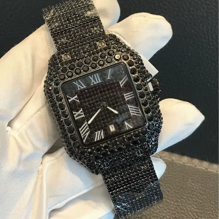 Montre glacée pour hommes plein diamant Reloj Mujer homme montre-bracelet à Quartz mâle nouveau noir