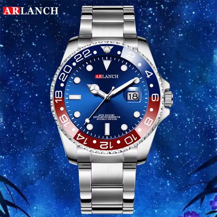 Montre en acier inoxydable ARLANCH avec mouvement Quartz, résistance à l'eau, chronographe, calendrier complet et design sport décontracté pour homme