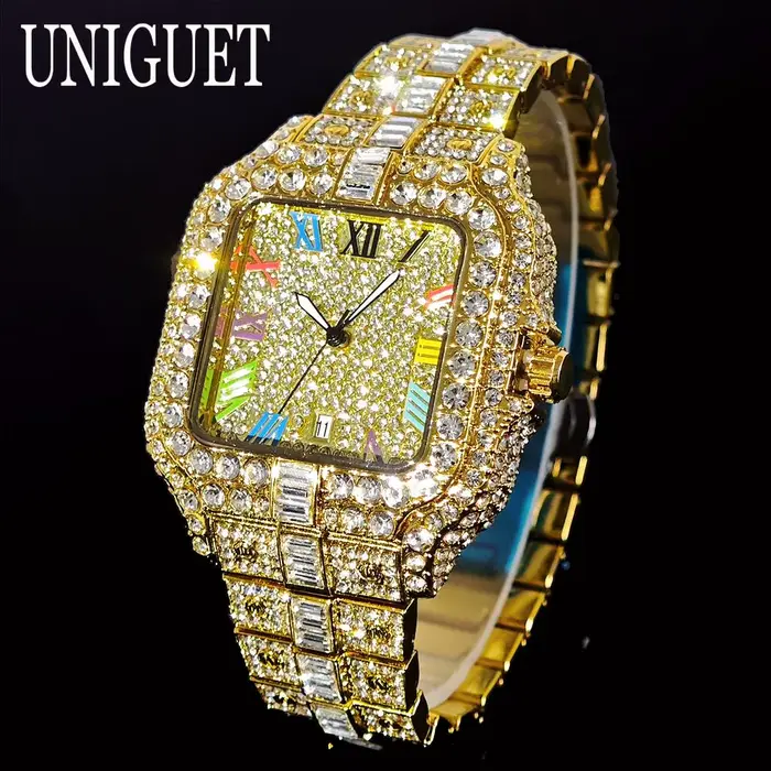 UNIGUET luxe diamant montre à Quartz pour hommes cadran arc-en-ciel calendrier Hip Hop glacé or montre-bracelet