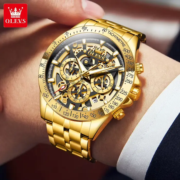 Montre OLEVS en acier inoxydable avec chronographe pour hommes résistante à l'eau et avec calendrier complet occassions spéciales et quotidienne