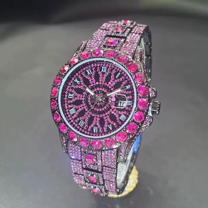Vente chaude Rose glace montre pour hommes marque de mode MISSFOX Hip Hop plein diamant luxe bijoux 