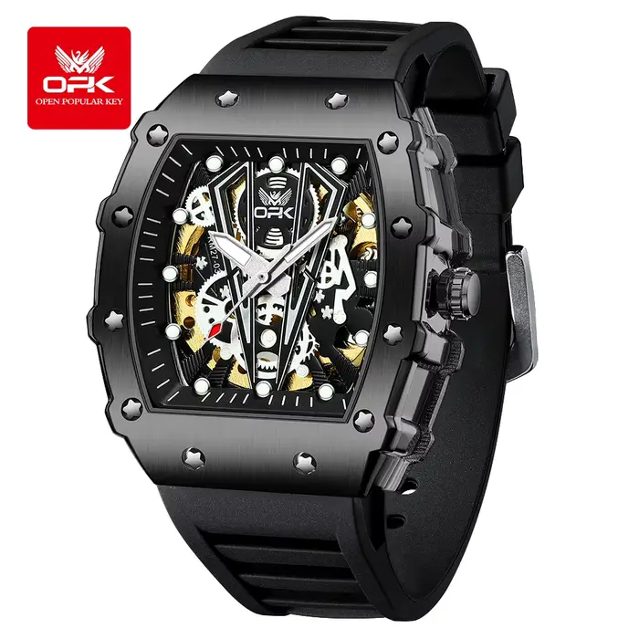 OPK 8180 homme montre bracelet en Silicone mode décontracté Tonneau cadran creux conception étanche lumineux Original montres mécaniques