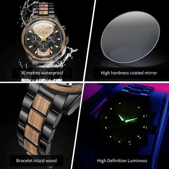 OLEVS 3645 hommes montre en bois de luxe veilleuse multifonctionnelle chronographe