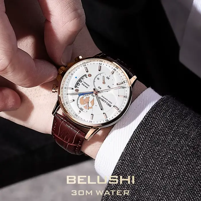 Montres de sport homme quartz étanches avec chronographe et calendrier complet en cuir bronze café multicolore rose