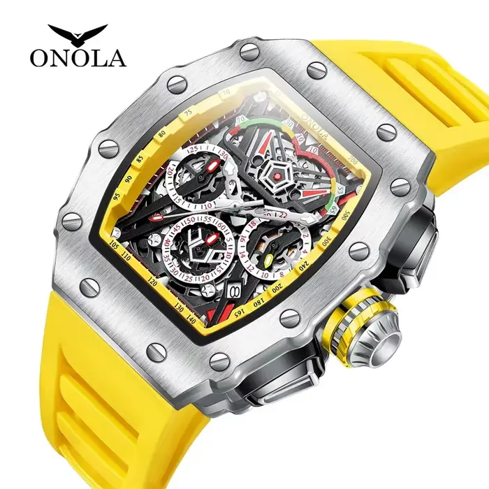 ONOLA 6827 Unique Type de baril montre à Quartz pour hommes calendrier de mode étanche bracelet en Silicone montres pour homme Relojes Para Hombres