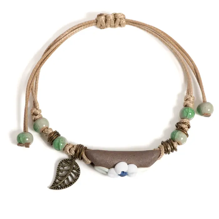 Bracelet fleur en céramique bleu et blanc réglable 14-24cm