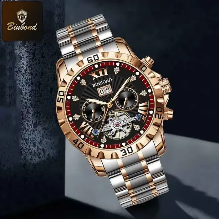 BINBOND mode montre mécanique automatique pour hommes de luxe Tourbillon squelette montre-bracelet en acier inoxydable