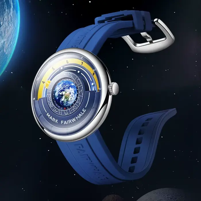 Mark Fairwhale Montre à quartz pour homme avec cadran sur le thème de la Terre unique, bracelet en silicone durable et design étanche, styles sportifs décontractés