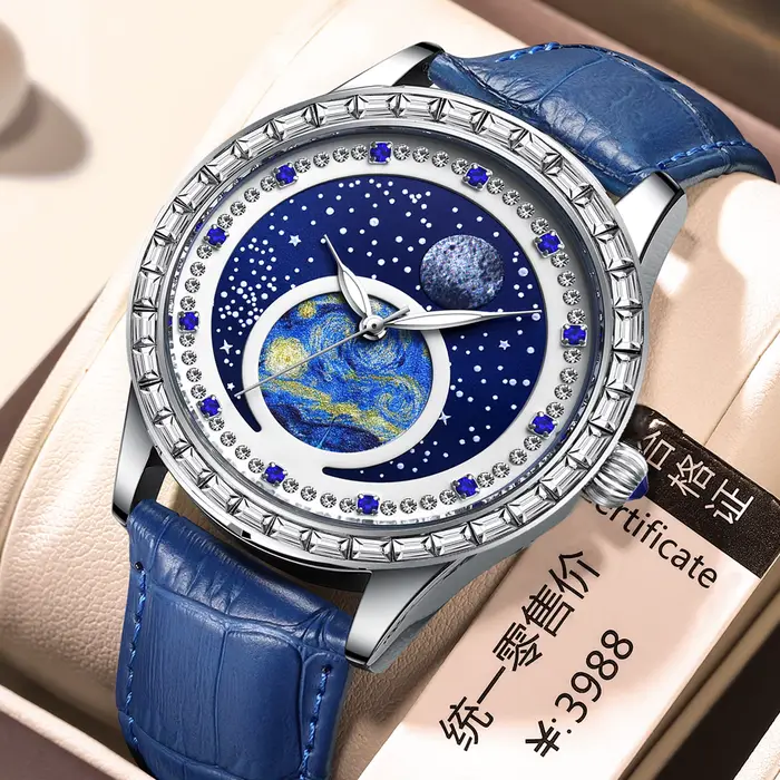Montre à quartz de luxe pour homme, étanche, cadran lumineux effet peinture à l'huile ciel étoilé, m