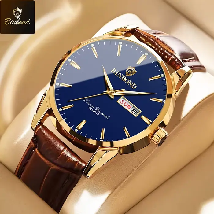 BINBOND mode montre en cuir marron hommes sport militaire montre-bracelet à Quartz