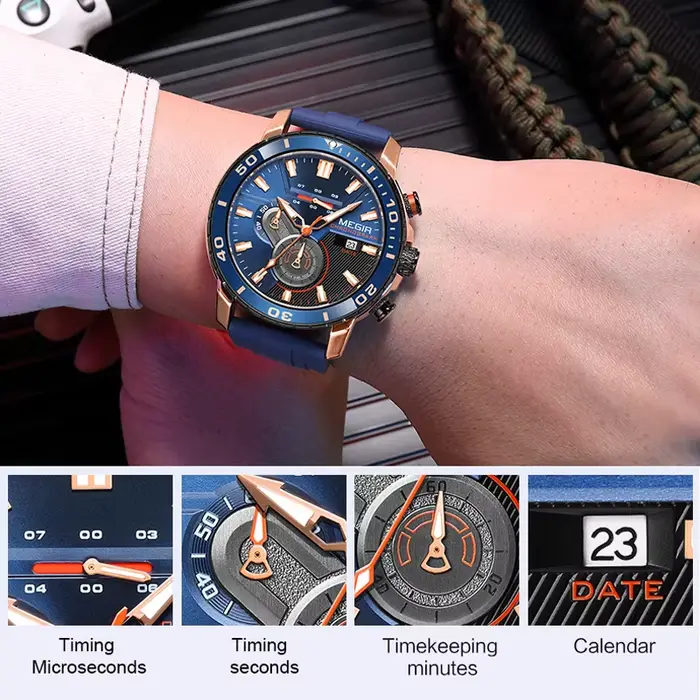 Montre de sport chronographe avec bracelet en silicone orange pour homme, résistante à l'eau, date automatique, calendrier complet, idéale pour les occasions sportives et spéciales