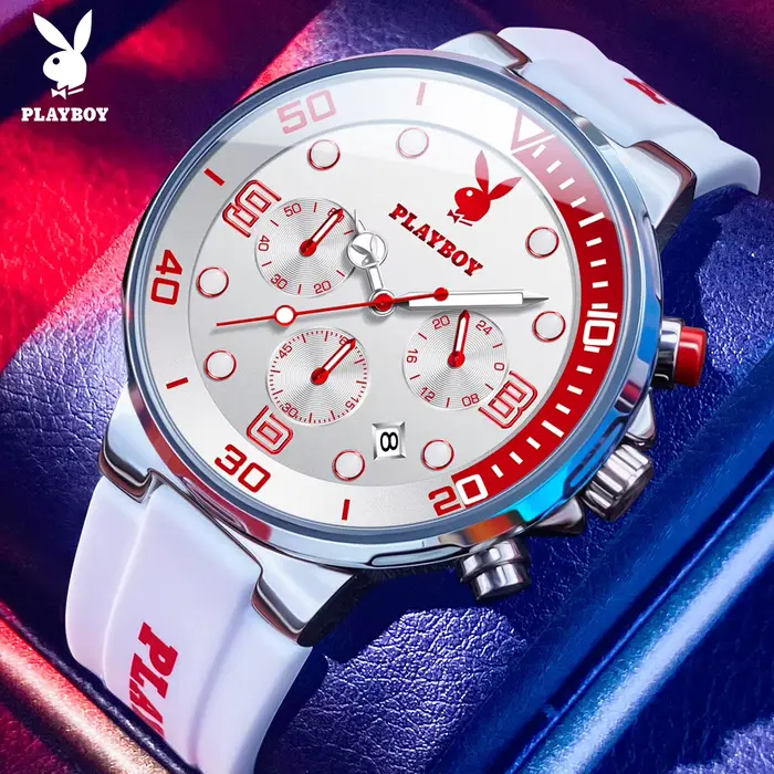 PLAYBOY Montre Homme Tendance 3036 Bracelet Silicone Décontracté Chronographe Étanche Lumineux Date 