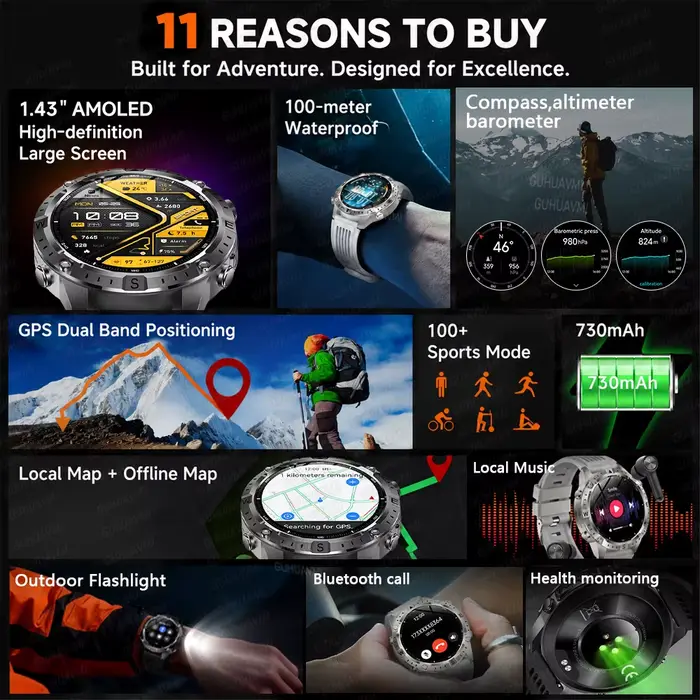 Nouvelle Montre Connectée GPS Extérieure 2026 avec Cartes Hors Ligne Double Bande GNSS Montre de Triathlon Étanche 10 ATM Boussole Lampe Torche Bracelets Sportifs Multilingue