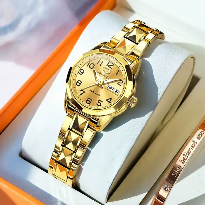 Montre de luxe JSDUN 8990 avec double calendrier et bracelet en acier au tungstène pour femmes occasions spéciales