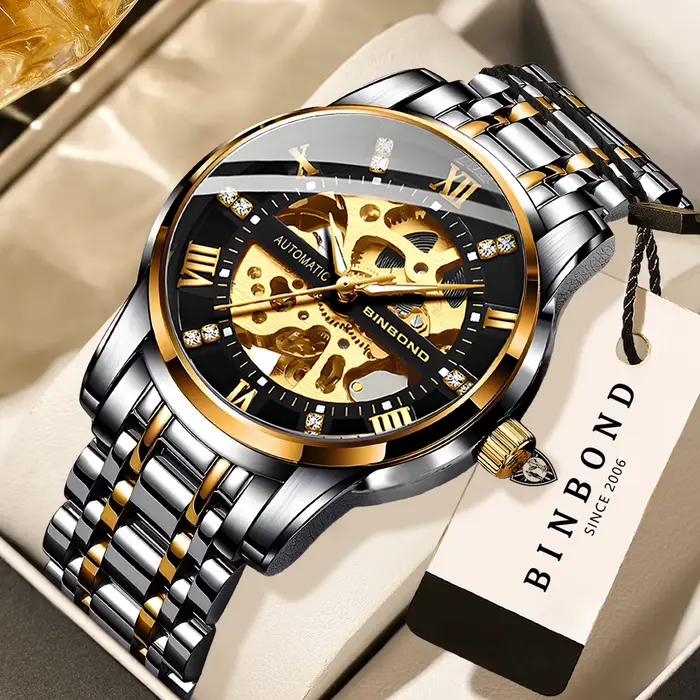 Montre mécanique squelette BINBOND pour hommes luxe lumineuse résistante à l'eau occassions spéciales et quotidiennes