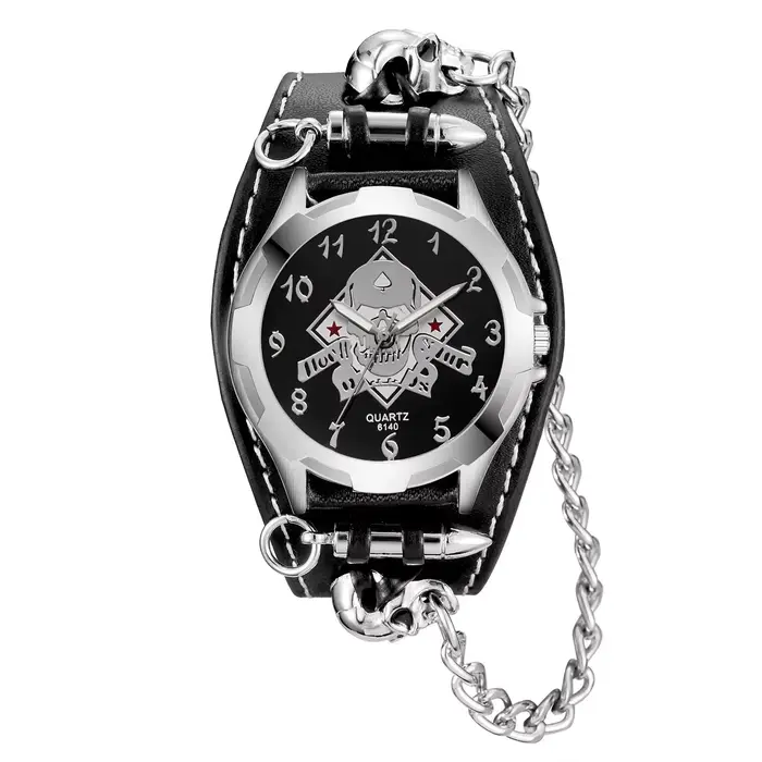 Montre à Quartz avec Pointeur Rond et Crâne Anime, Bracelet Analogique en Cuir PU, Grunge, Punk, Got