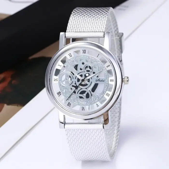 Montre mécanique fantaisie à squelette ajouré pour femme, montre-bracelet à quartz en maille métalli