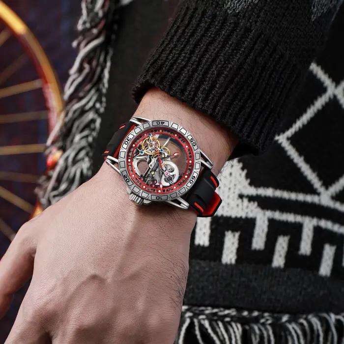 Dulunwe montre mécanique pour hommes 46MM fenêtre cadran creux remontage automatique mode rouge sport 30M
