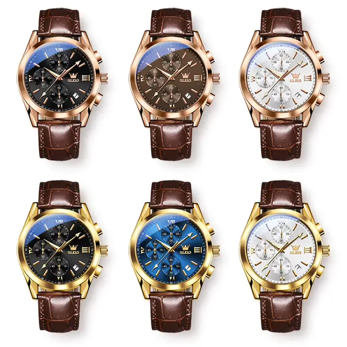 Montre OLEVS 2872 en acier inoxydable avec bracelet en cuir, résistante à l'eau, pour homme avec chronographe et calendrier complet pour différentes occasions
