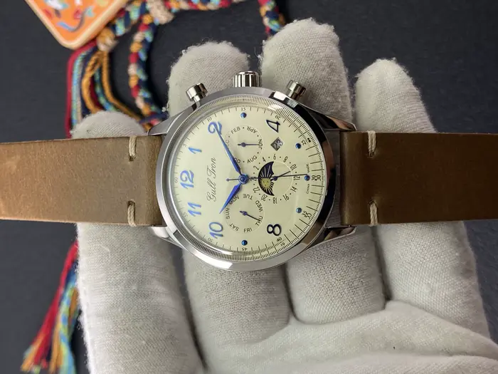 Montre mécanique automatique multifonctionnelle pour homme design rétro miroir à bulles ivoire mouvement automatique chronographe résistance à l'eau style affaires