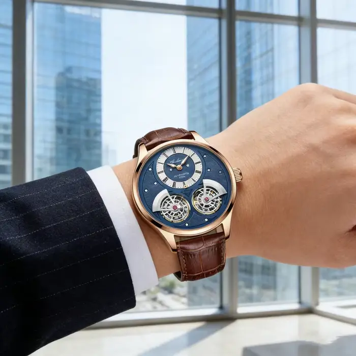 Montre mécanique Daniel Gorman pour homme à double tourbillon rotatif, mouvement automatique, résistante à l'eau, montre pilote avec affichage squelette et numérotation romaine pour homme