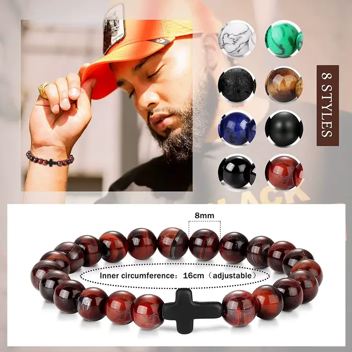 Bracelet holographique en pierre naturelle avec croix pour méditation et relaxation homme femme occasion spéciale