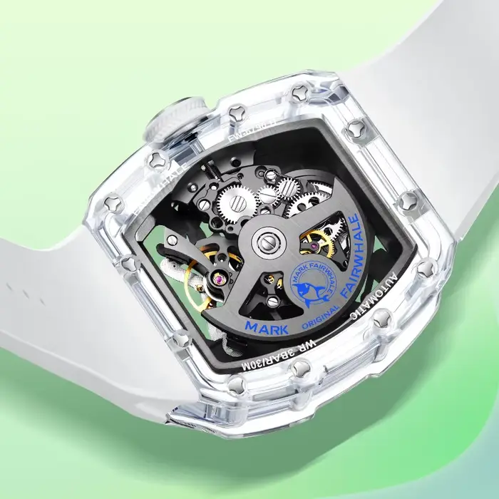 Montre Mark Fairwhale automatique pour hommes style sport résistante à l'eau avec cadran en verre de cristal et bracelet en caoutchouc pour différentes occasions