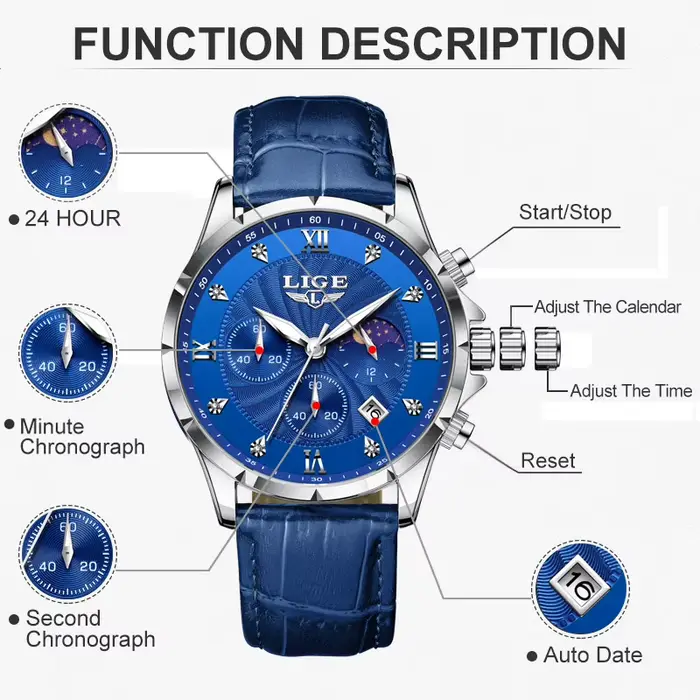 LIGE montre en cuir bleu hommes mode affaires montres militaires