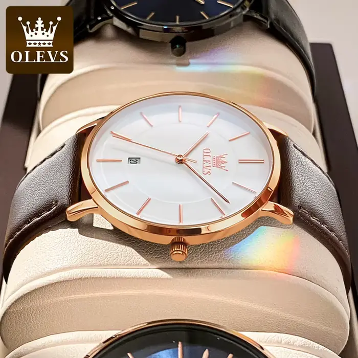 Montre homme OLEVS ultra-mince quartz avec bracelet en cuir pour occasions spéciales et tous les jours