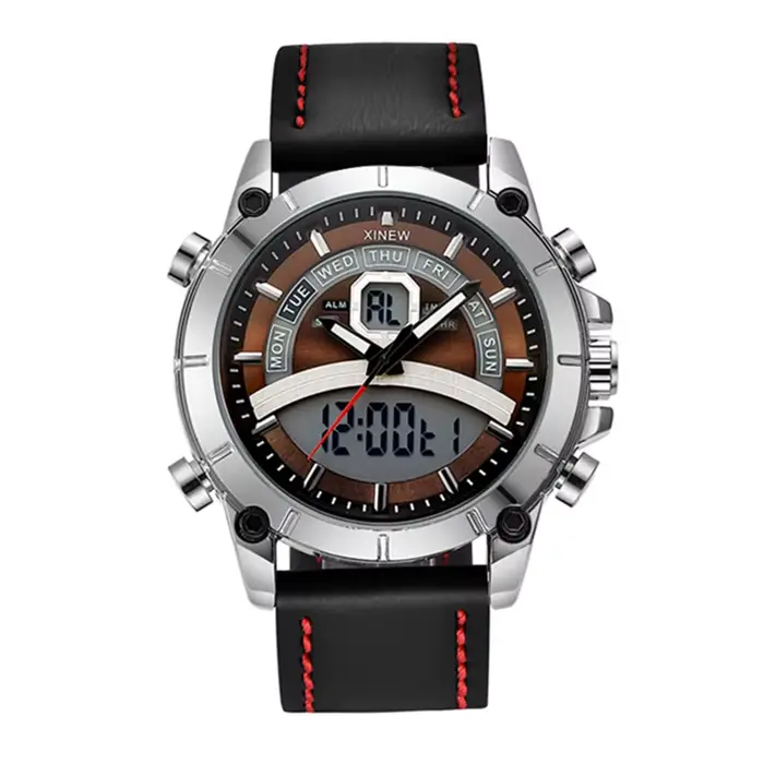 Montre homme XINEW à quartz avec double affichage analogique-digital, bracelet en cuir, chronographe et répéteur pour occasions spéciales