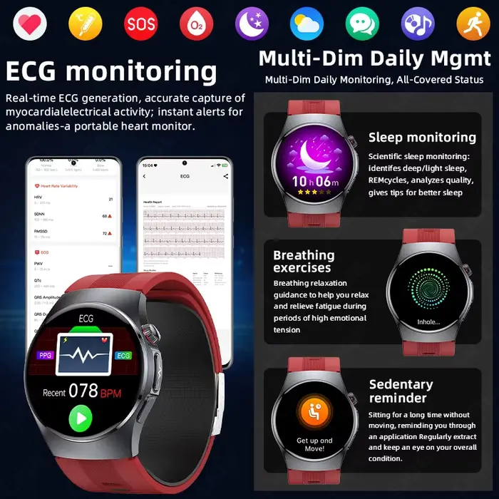 Montre connectée LIGE avec suivi de la santé, moniteur de fréquence cardiaque, ECG, tracker de fitness et sommeil, pour femmes et hommes, occasion sportive ou quotidienne