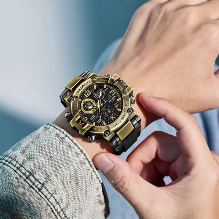 SMAEL nouvelle montre hommes mode Bronze boîtier en alliage de Zinc Double affichage montre-bracelet homme militaire