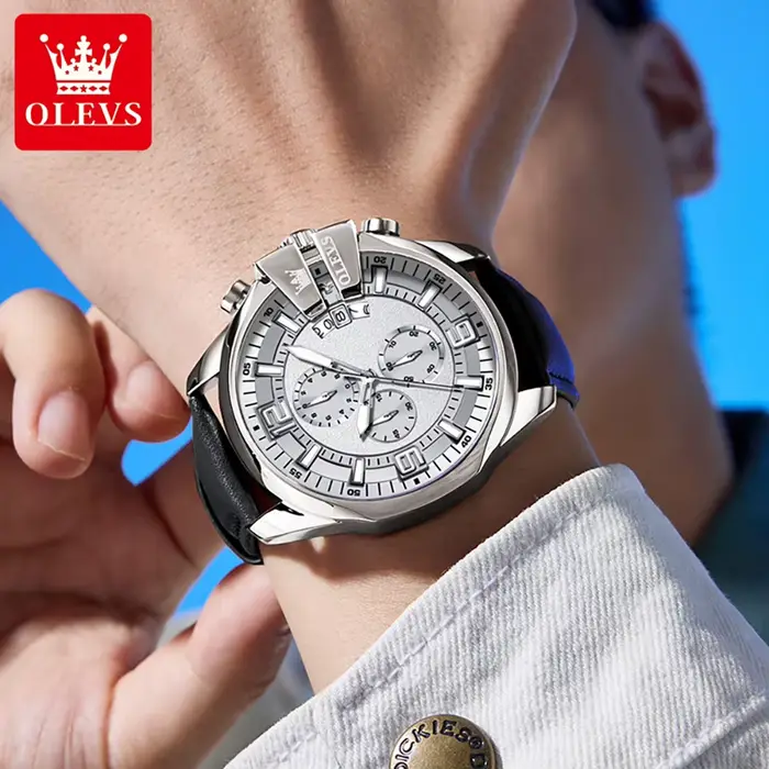 Montre OLEVS 2978 pour homme mouvement quartz cadran chronographe lumineux bracelet cuir fenêtre de calendrier résistance à l'eau 30m occassions spéciales style décontracté et élégant