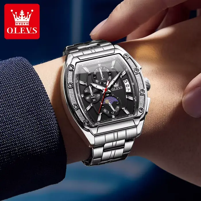 Montre sportive luxueuse en acier inoxydable avec fonction de phase de lune et chronomètre pour homme occasions spéciales