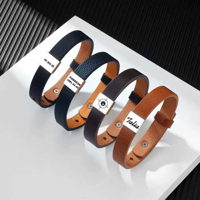 Bracelet personnalisé en cuir noir pour homme