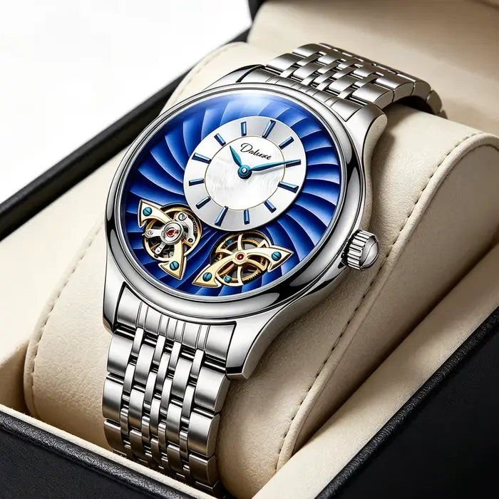 Montre pour homme avec double tourbillon rotatif bleu